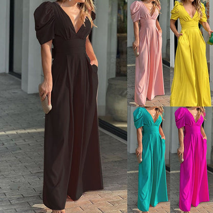 Flattering V-Neck Jumpsuit – Flowy Wide Leg, Soft & Breathable