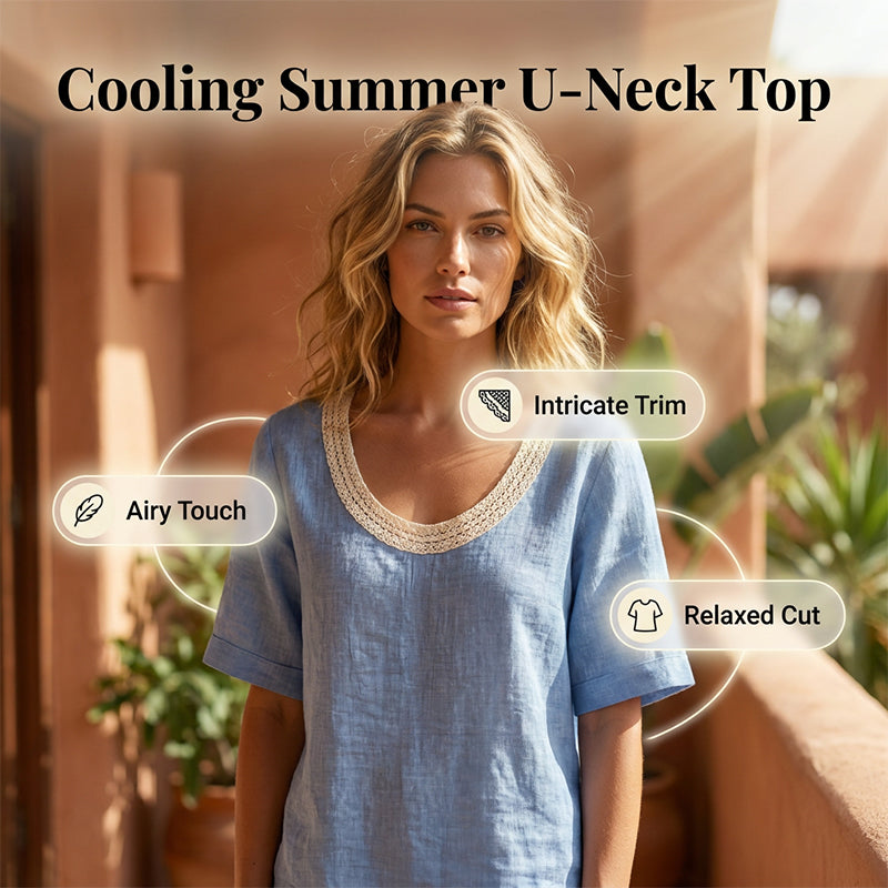 Lace-Trimmed U-Neck Top – Breathable & Effortless Flow