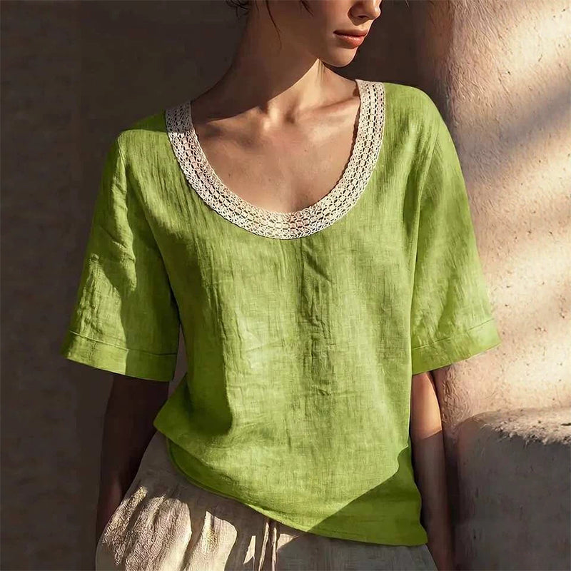 Lace-Trimmed U-Neck Top – Breathable & Effortless Flow