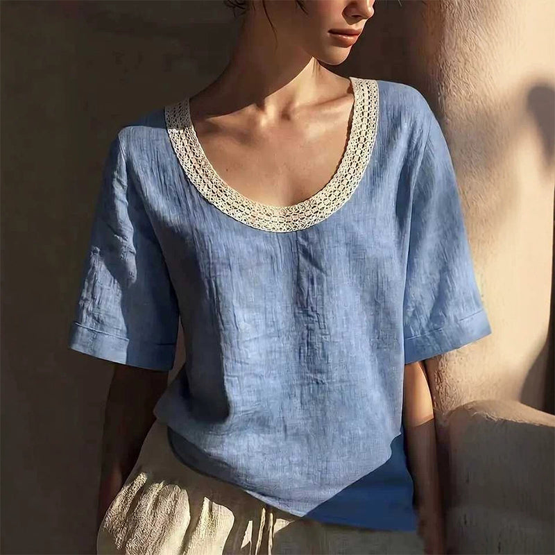 Lace-Trimmed U-Neck Top – Breathable & Effortless Flow