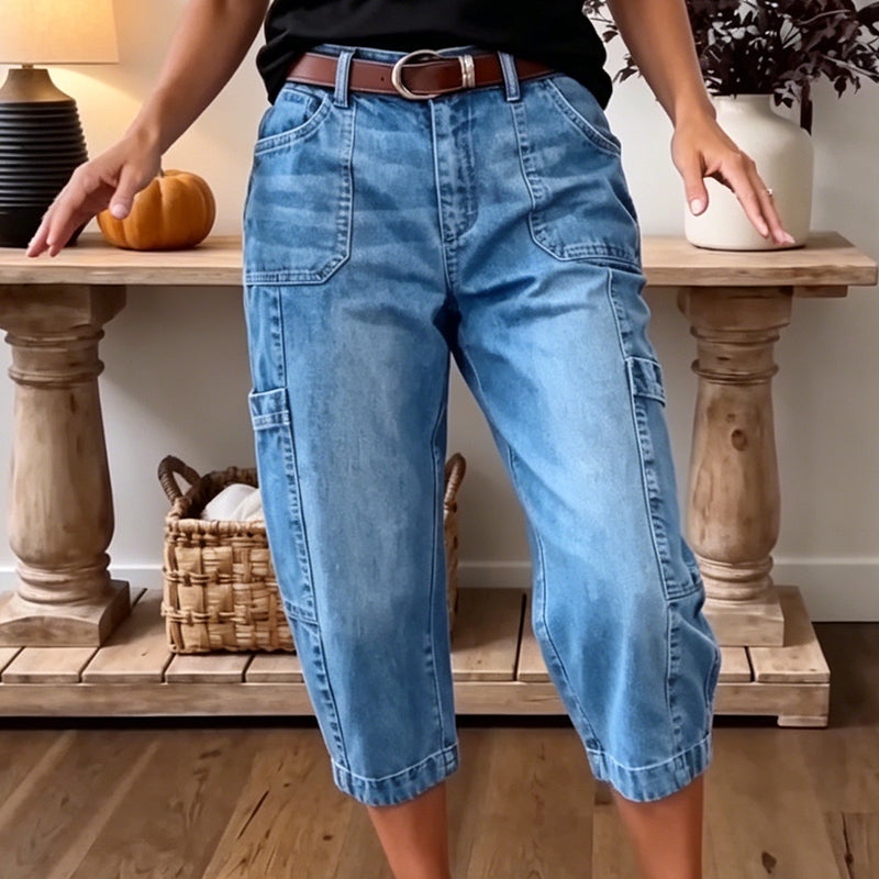 Barrel Leg Cropped Jeans – Breathable & Multi-Pocket Fit