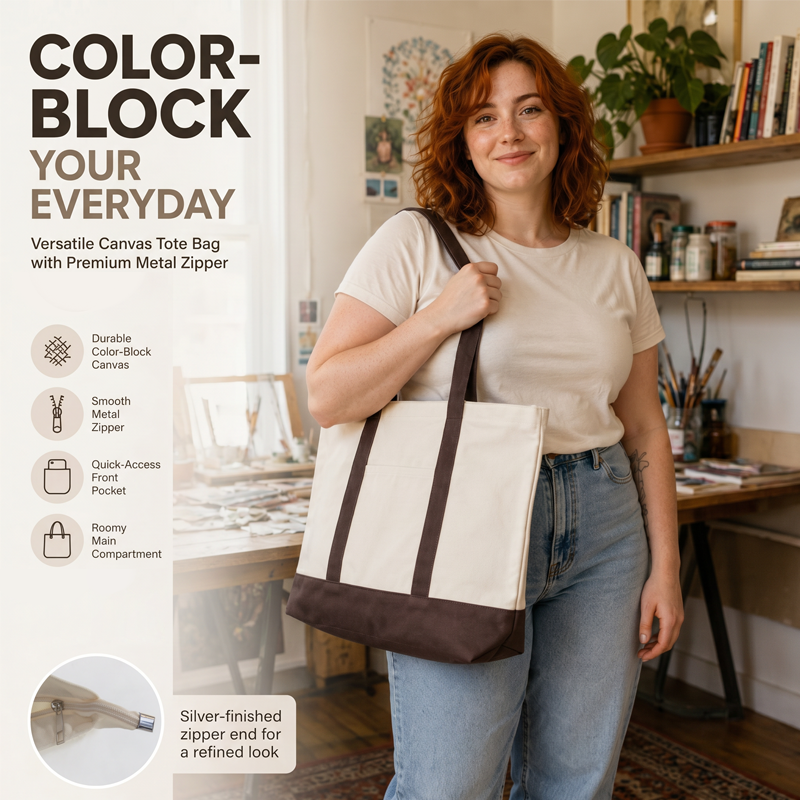 Large Canvas Tote Bag with Zipper and Front Pocket