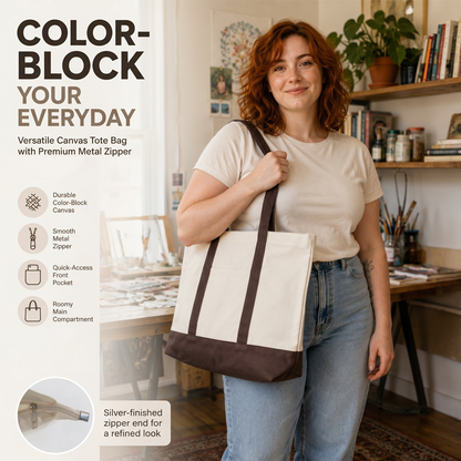 Large Canvas Tote Bag with Zipper and Front Pocket