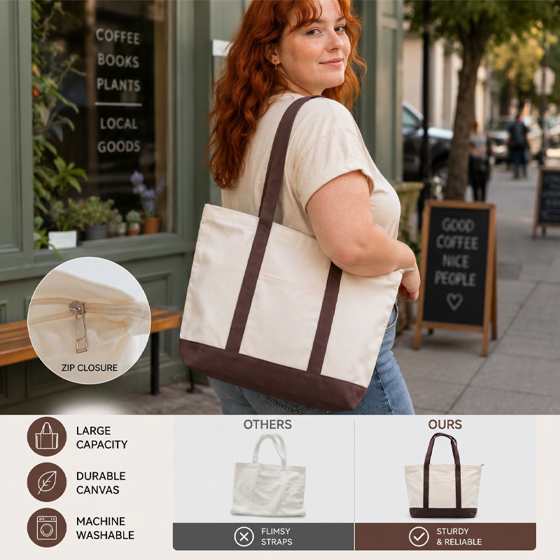 Large Canvas Tote Bag with Zipper and Front Pocket