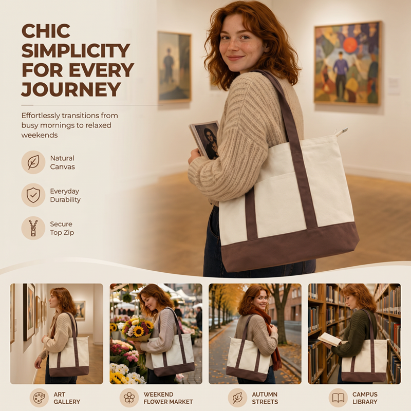 Large Canvas Tote Bag with Zipper and Front Pocket