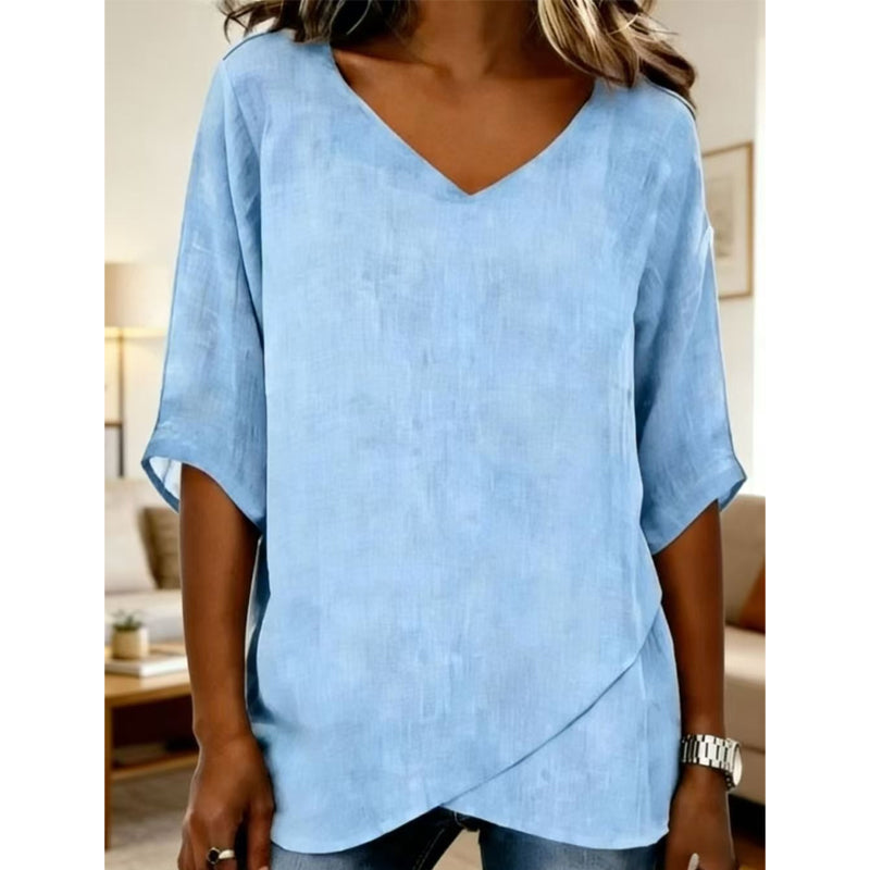 Relaxed V-Neck Top – Irregular Hem & Breathable