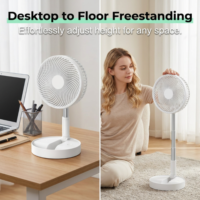 Collapsible Telescopic Fan – 4 Speeds, Ultra-Quiet & USB Rechargeable