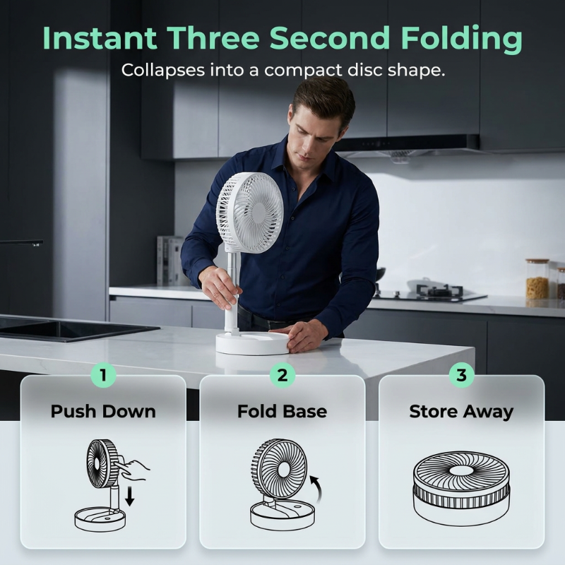 Collapsible Telescopic Fan – 4 Speeds, Ultra-Quiet & USB Rechargeable