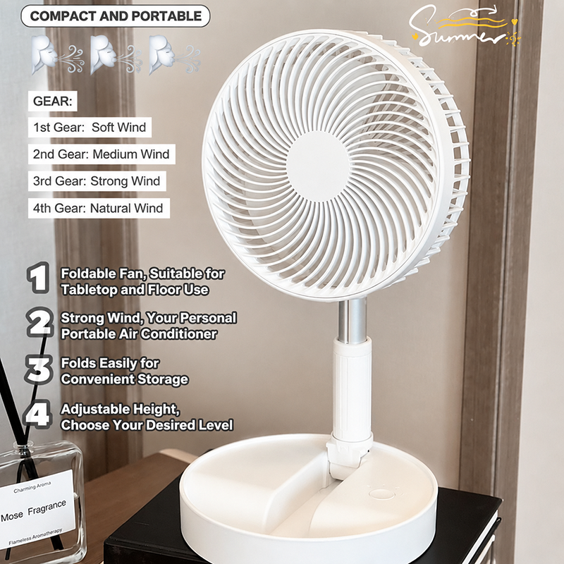 Collapsible Telescopic Fan – 4 Speeds, Ultra-Quiet & USB Rechargeable