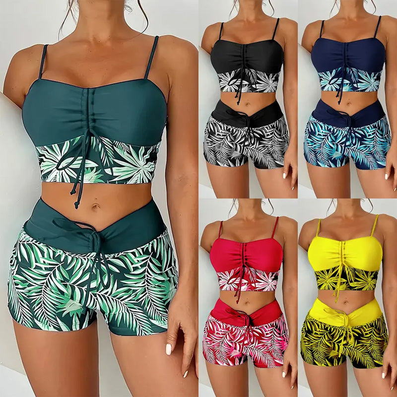 High-Waist Boxer Swimsuit – Printed & Quick-Dry Fit