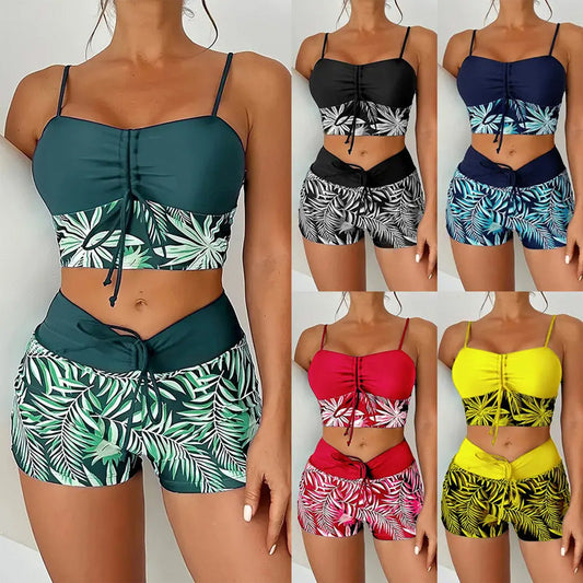 High-Waist Boxer Swimsuit – Printed & Quick-Dry Fit