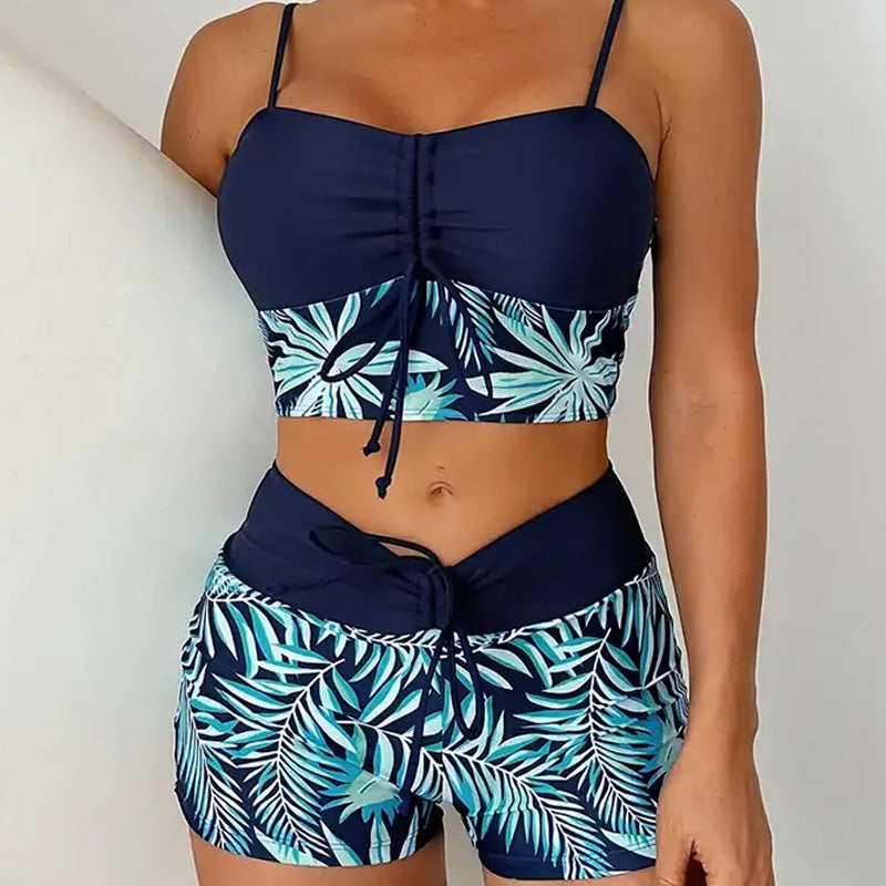 High-Waist Boxer Swimsuit – Printed & Quick-Dry Fit