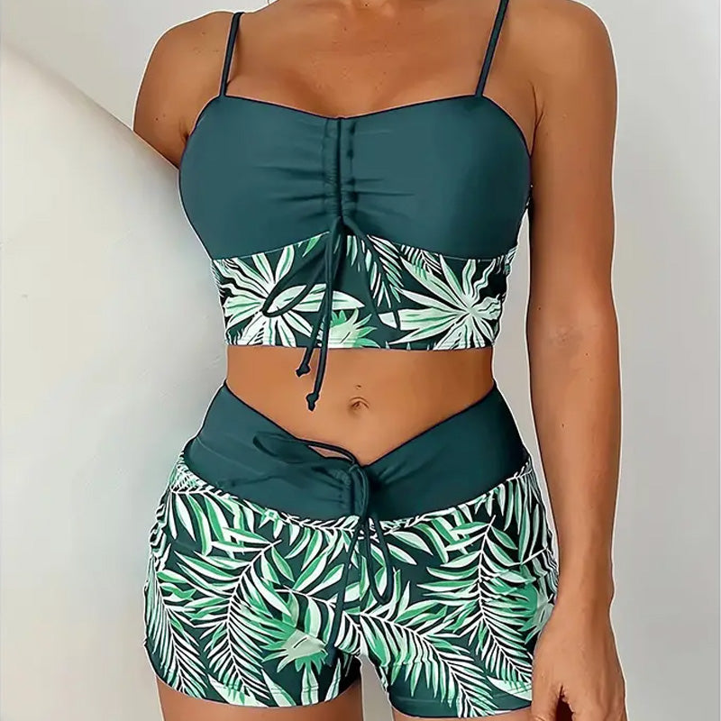 High-Waist Boxer Swimsuit – Printed & Quick-Dry Fit