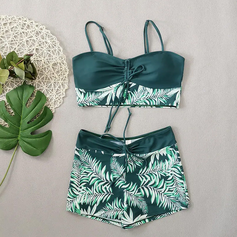 High-Waist Boxer Swimsuit – Printed & Quick-Dry Fit