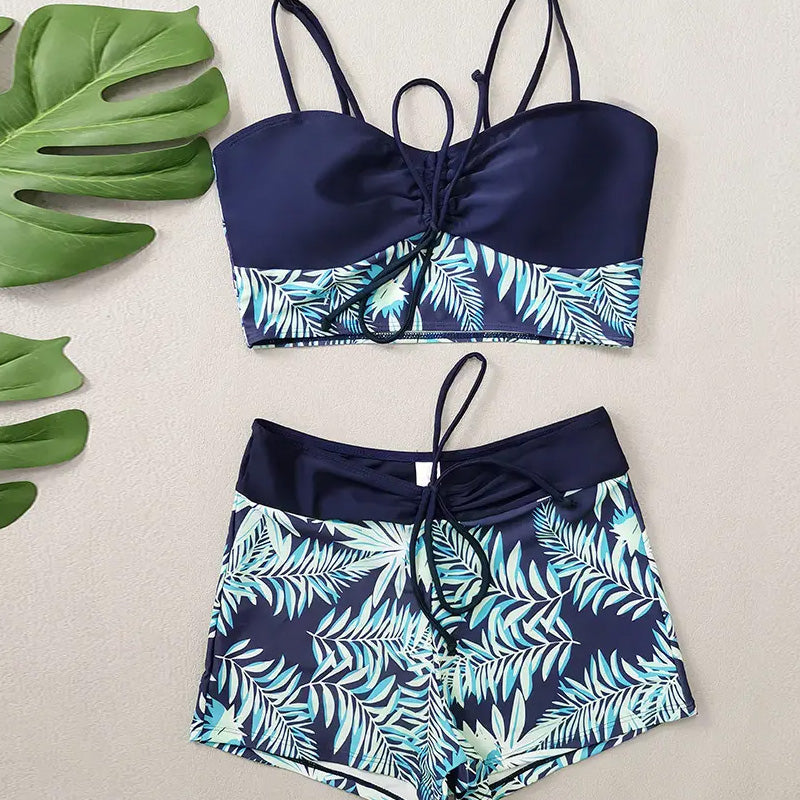 High-Waist Boxer Swimsuit – Printed & Quick-Dry Fit