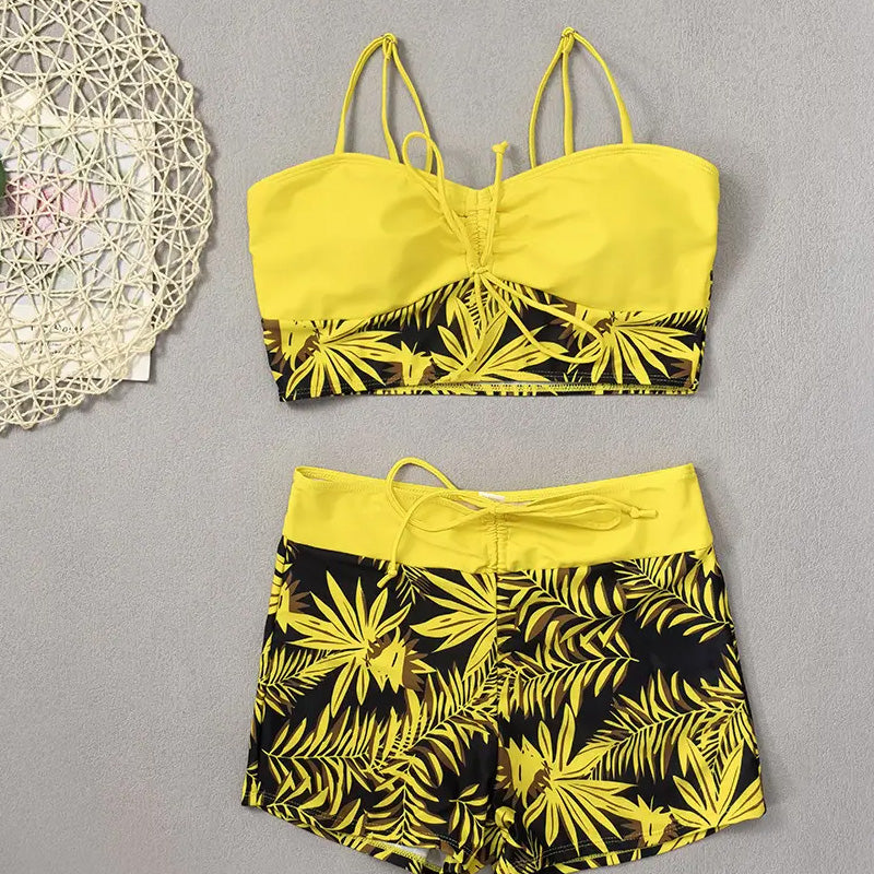 High-Waist Boxer Swimsuit – Printed & Quick-Dry Fit