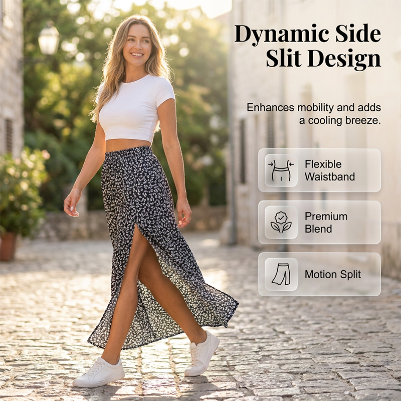 High-Waist Floral Slit Skirt – Flowy & Breathable Fit