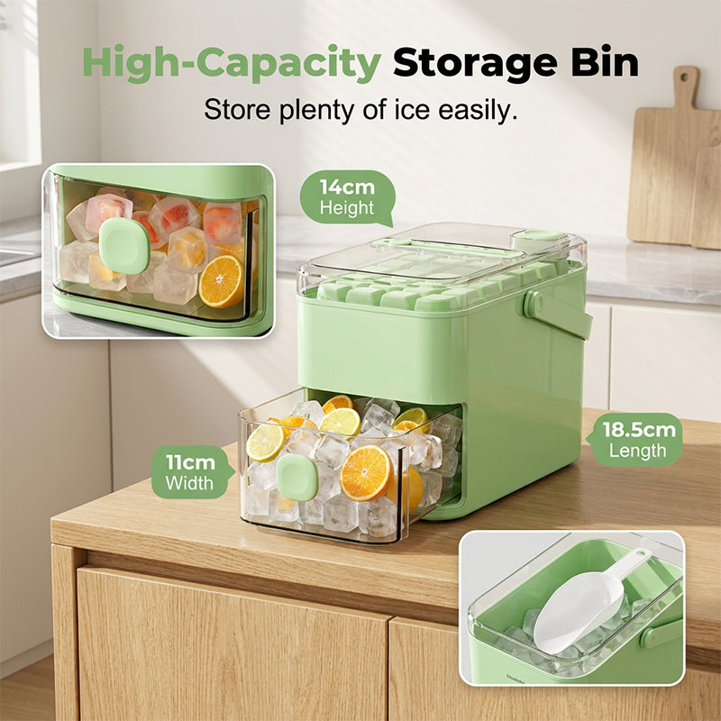 One-Press Ice Cube Maker Set – 28-Grid & Odor-Proof Bin