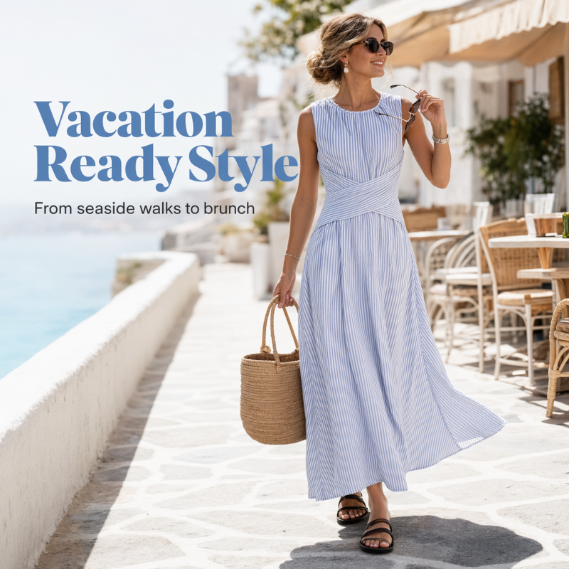 Waist-Tie Striped Maxi Dress – Breezy & Vacation-Ready Design