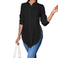 Curved Hem Button-Down Shirt – Side Slits & Breathable Fabric