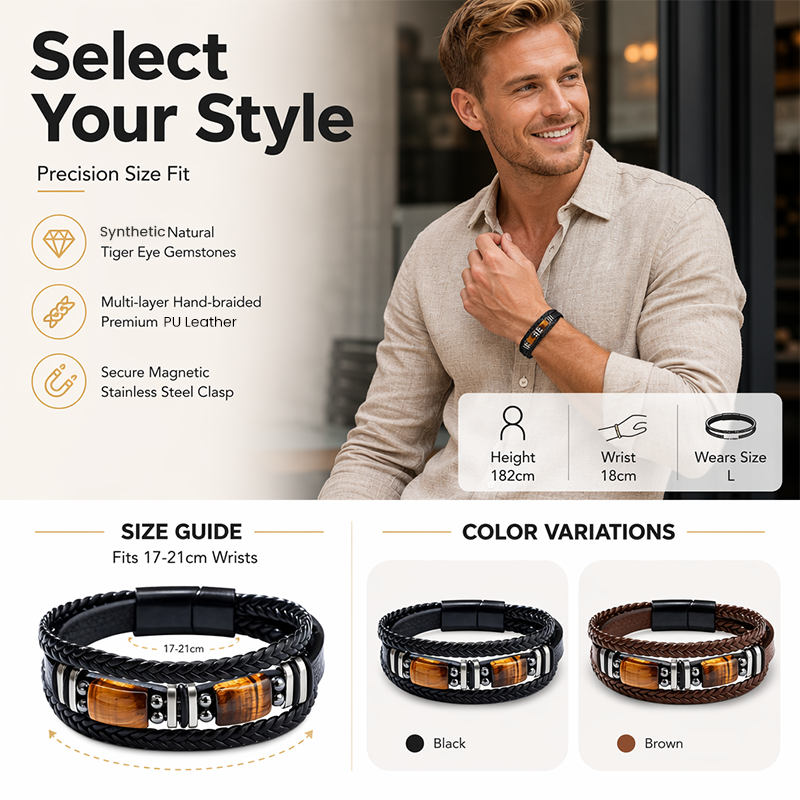 Tiger Eye Leather Bracelet – Braided & Versatile Unisex Design