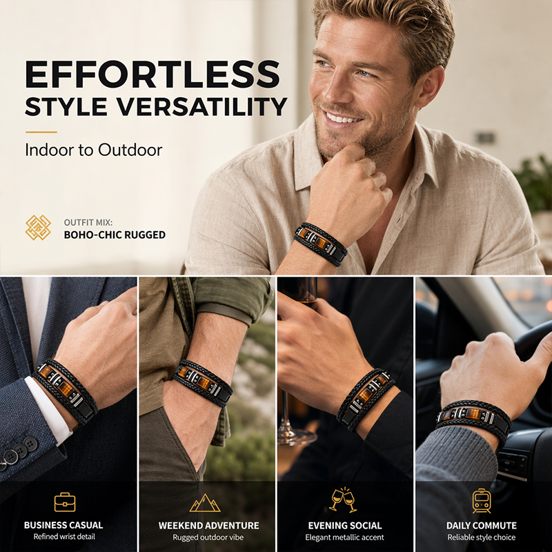 Tiger Eye Leather Bracelet – Braided & Versatile Unisex Design
