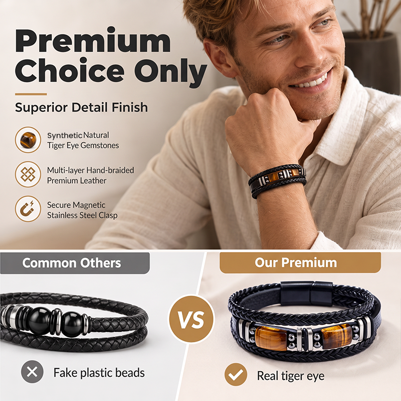 Tiger Eye Leather Bracelet – Braided & Versatile Unisex Design