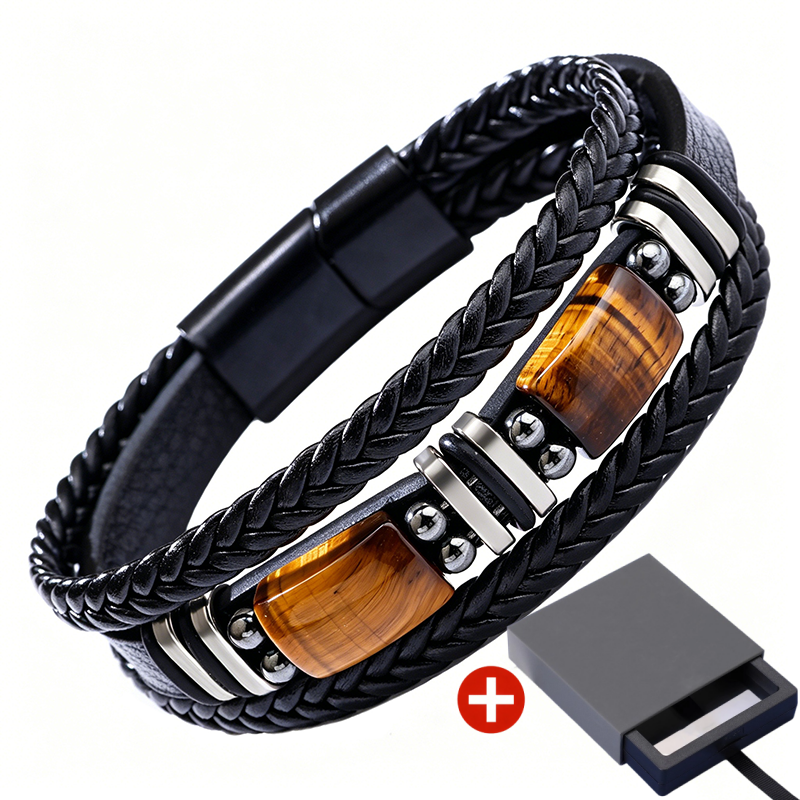 Tiger Eye Leather Bracelet – Braided & Versatile Unisex Design