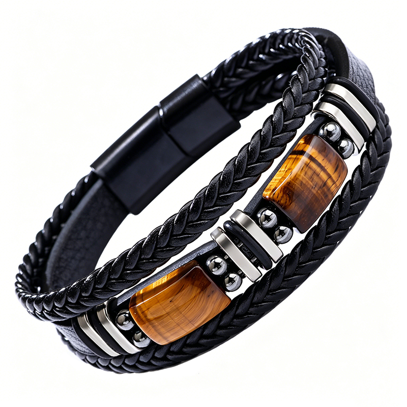 Tiger Eye Leather Bracelet – Braided & Versatile Unisex Design