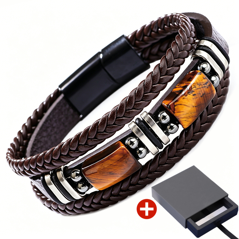 Tiger Eye Leather Bracelet – Braided & Versatile Unisex Design