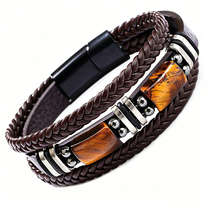 Tiger Eye Leather Bracelet – Braided & Versatile Unisex Design