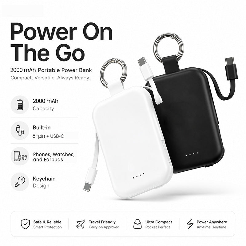 Charge On the Go Instantly! No-Cable 2000mAh Keychain Power Bank