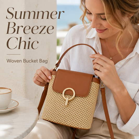 Hand-Woven Straw Bucket Bag | 3-Way Crossbody Shoulder Handbag Gold Hardware
