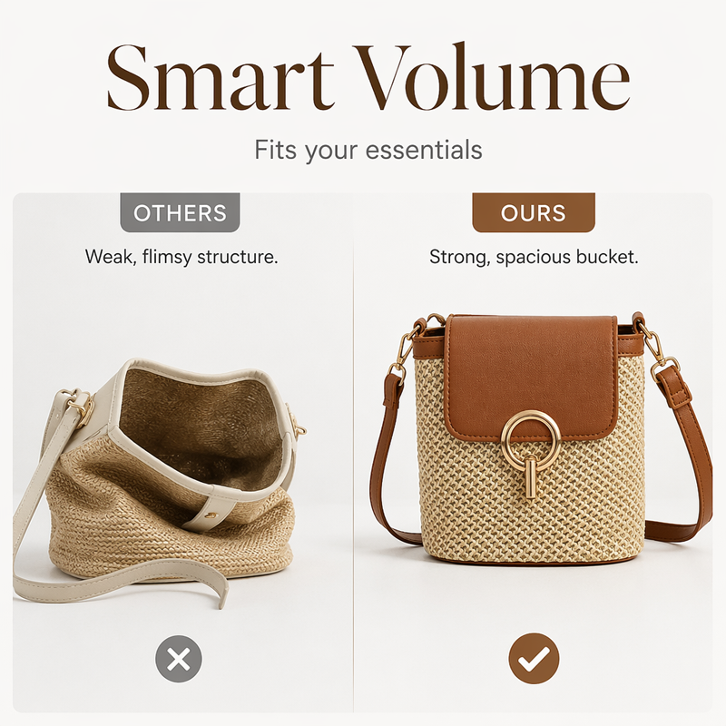 Hand-Woven Straw Bucket Bag | 3-Way Crossbody Shoulder Handbag Gold Hardware