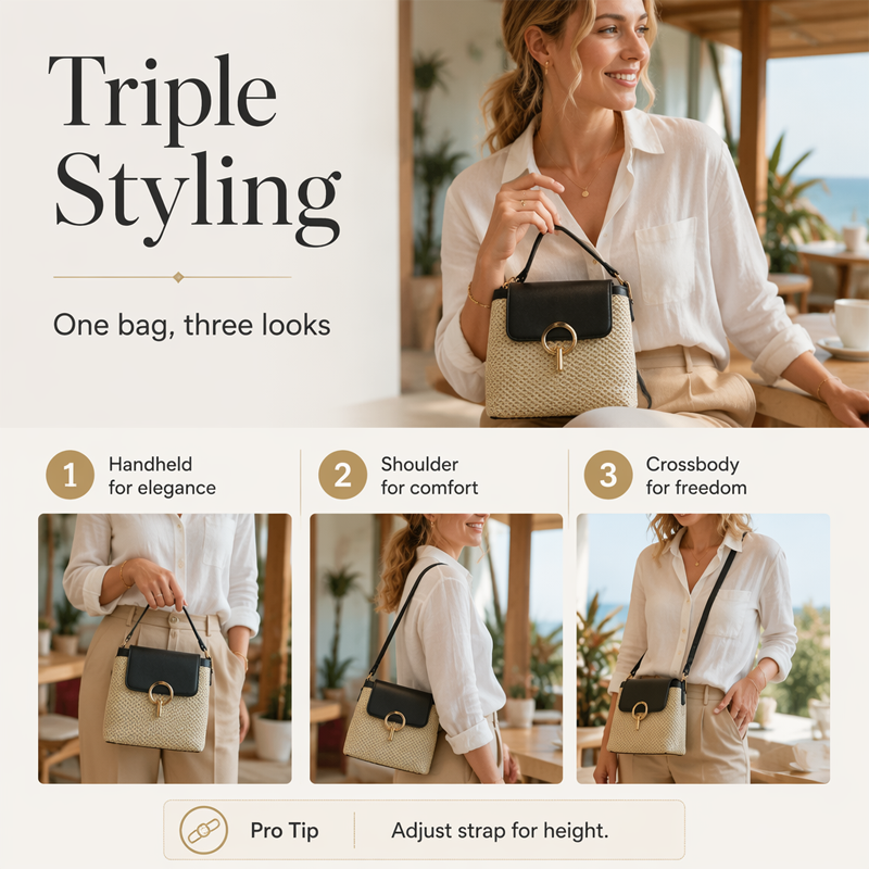 Hand-Woven Straw Bucket Bag | 3-Way Crossbody Shoulder Handbag Gold Hardware
