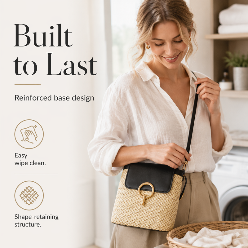 Hand-Woven Straw Bucket Bag | 3-Way Crossbody Shoulder Handbag Gold Hardware