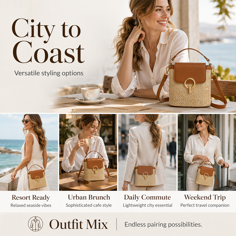 Hand-Woven Straw Bucket Bag | 3-Way Crossbody Shoulder Handbag Gold Hardware
