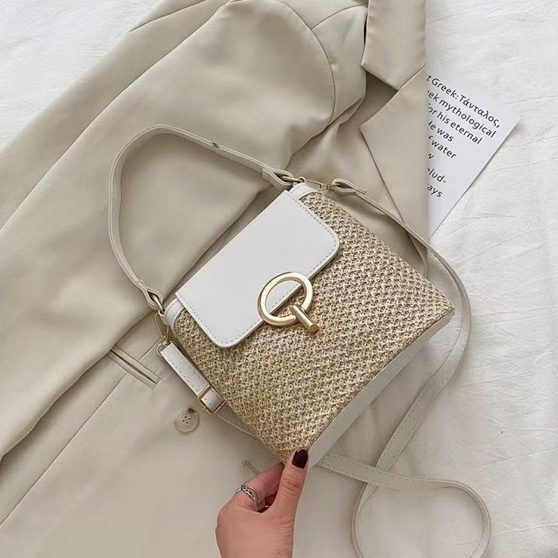 Hand-Woven Straw Bucket Bag | 3-Way Crossbody Shoulder Handbag Gold Hardware