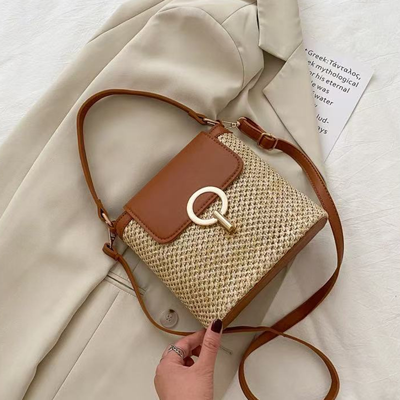 Hand-Woven Straw Bucket Bag | 3-Way Crossbody Shoulder Handbag Gold Hardware