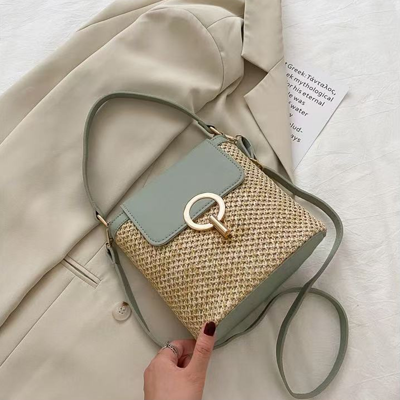 Hand-Woven Straw Bucket Bag | 3-Way Crossbody Shoulder Handbag Gold Hardware