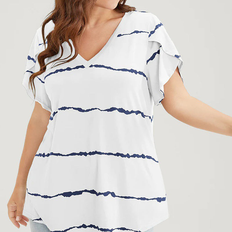 Plus-Size Striped V-Neck Tee – Waist-Cinching & Breathable Fit