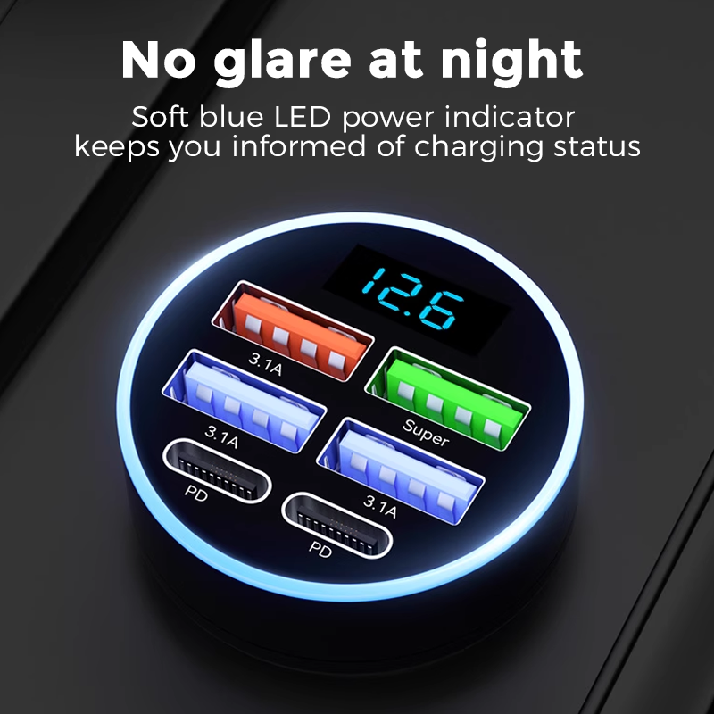⚡ Fast Charge All Your Devices at Once – 6‑in‑1 PD & QC Car Adapter.