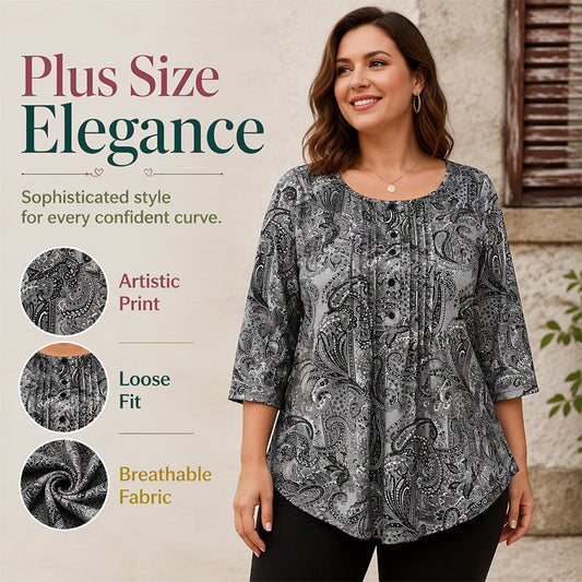 Plus-Size Paisley Blouse – Loose Fit & Curved Hem Design