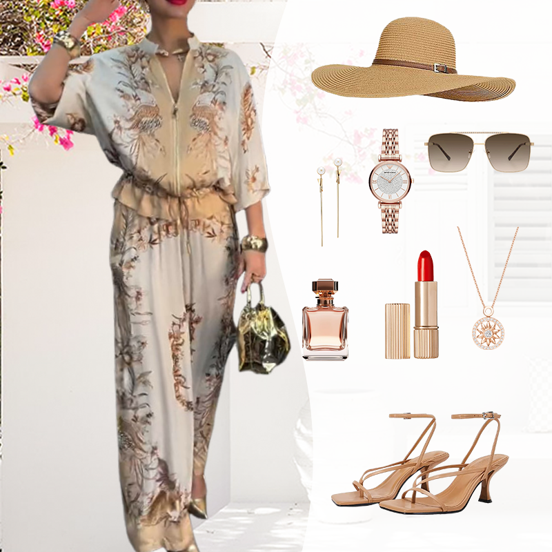 Floral Printed Two-Piece Set – Zipper Top & Wide-Leg Pants