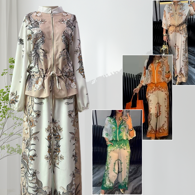 Floral Printed Two-Piece Set – Zipper Top & Wide-Leg Pants