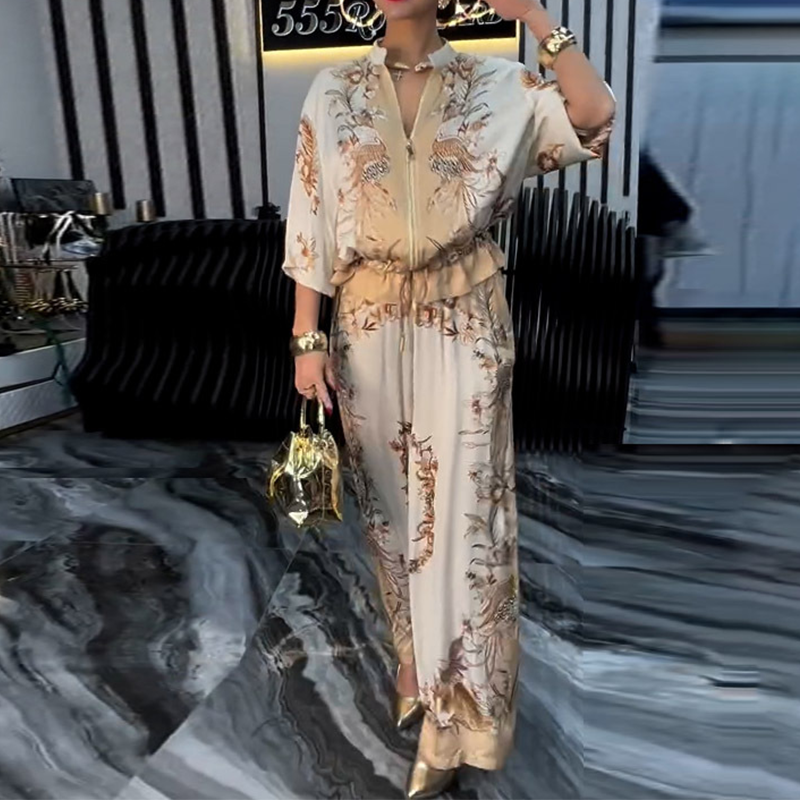 Floral Printed Two-Piece Set – Zipper Top & Wide-Leg Pants