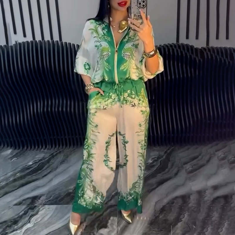 Floral Printed Two-Piece Set – Zipper Top & Wide-Leg Pants
