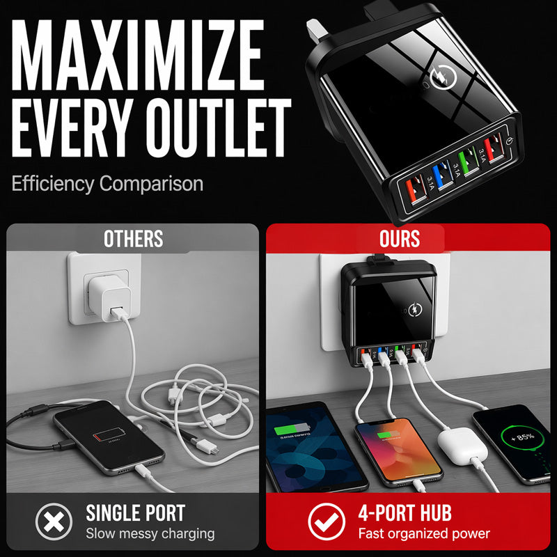 Charge 4 Devices Instantly! No-Overheat Fireproof USB Hub