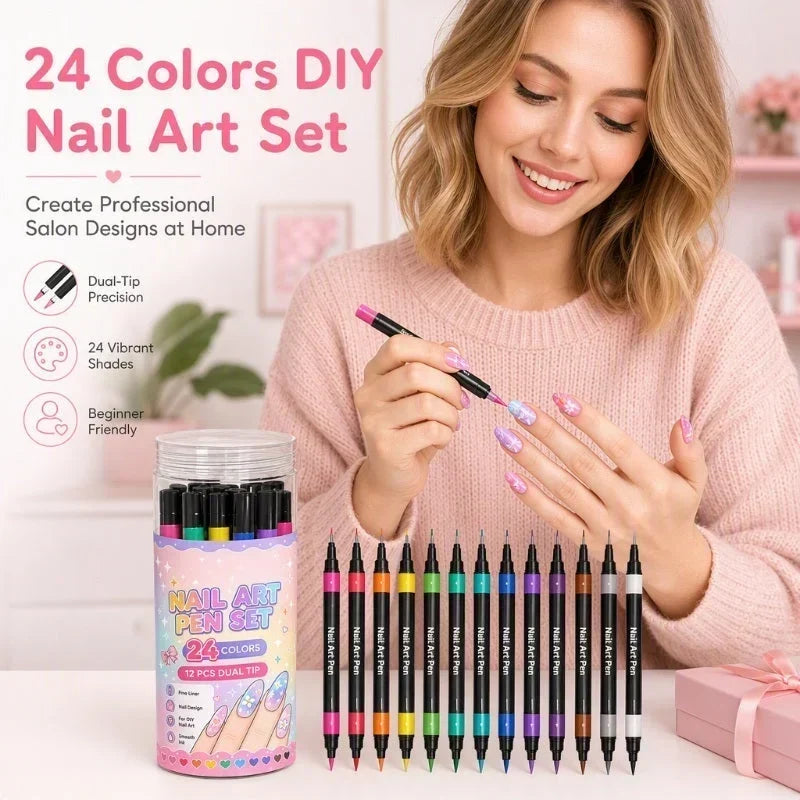 Create Nail Art Instantly! 24-Color Dual-Ended Nail Pens Set