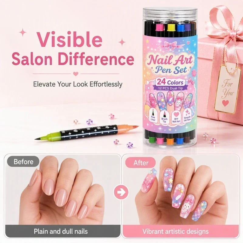 Create Nail Art Instantly! 24-Color Dual-Ended Nail Pens Set